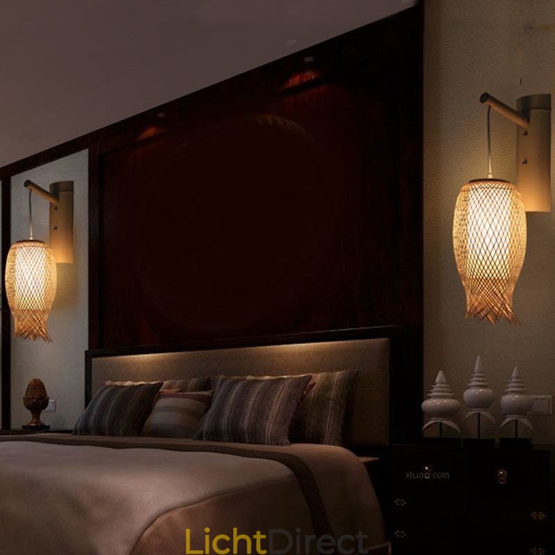 Neerwaartse Bamboe Wandlamp Landelijke Ronde Wandlamp Nachtkastje Theehuis Creatieve Verlichting
