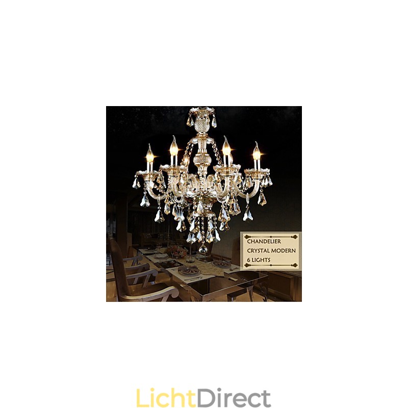 Kroonluchter Cognac Kleur Kristal Modern 6 Lampen Hedendaags Glas