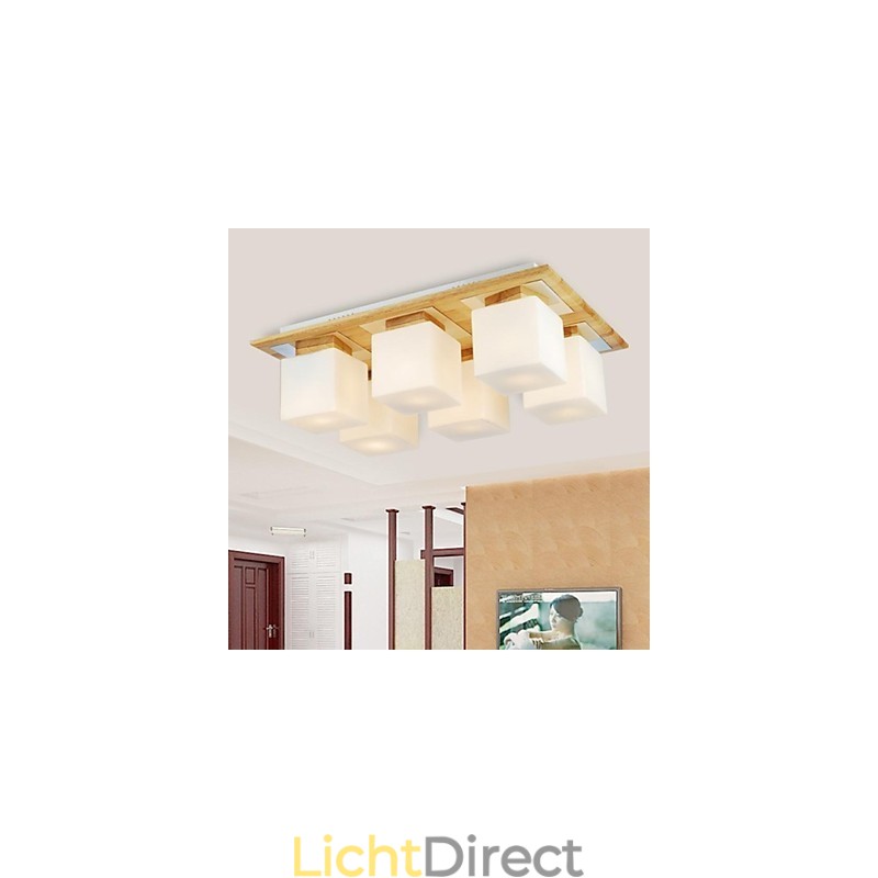 Eikenhouten plafondlamp met zes lampen, eiken en glas, 220~240V