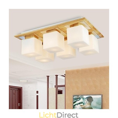 Eikenhouten plafondlamp met zes lampen, eiken en glas, 220~240V Eikenhouten plafondlamp met zes lampen, eiken en glas, 220~240V