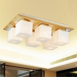 Eikenhouten plafondlamp met zes lampen, eiken en glas, 220~240V