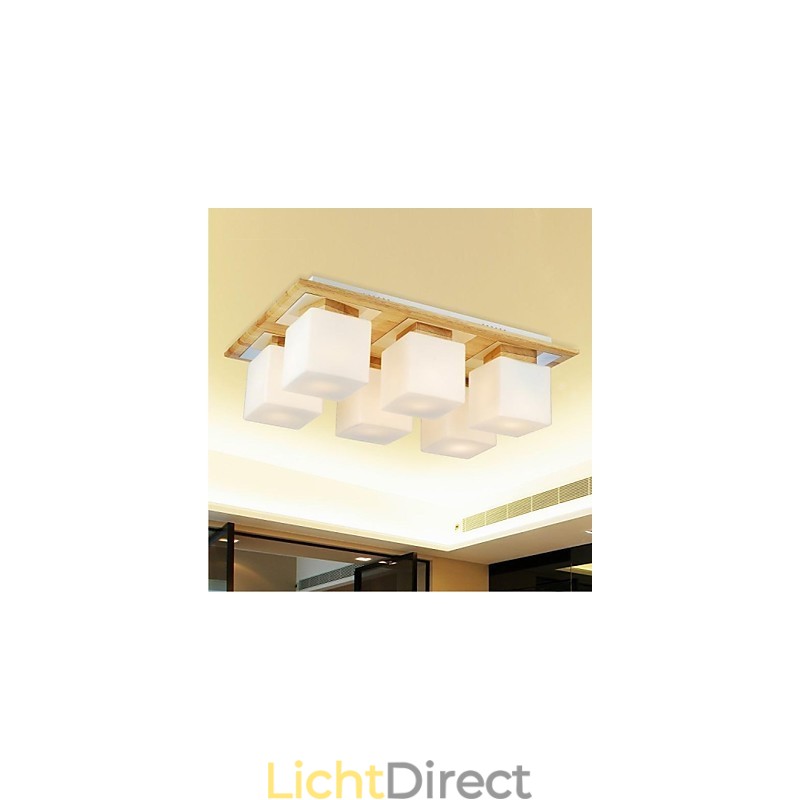 Eikenhouten plafondlamp met zes lampen, eiken en glas, 220~240V