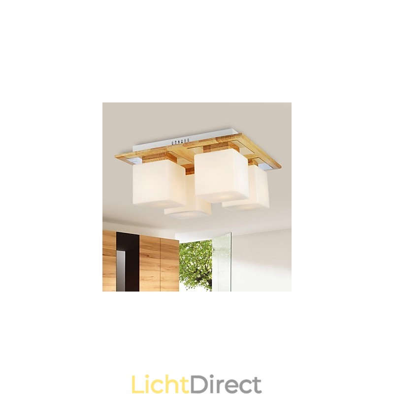 Eikenhouten plafondlamp met vier lampen, eiken en glas, 220~240V (HY9024)