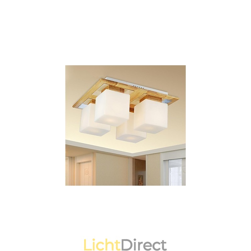 Eikenhouten plafondlamp met vier lampen, eiken en glas, 220~240V (HY9024)