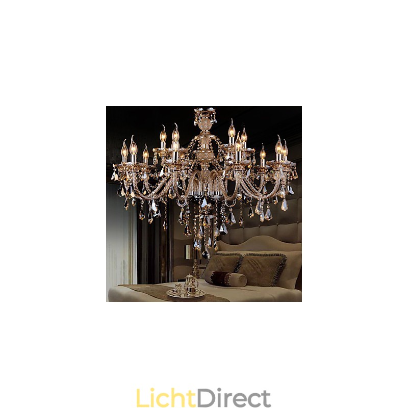 Kroonluchter Kristal Cognac Kleur Luxe Modern 2 Lagen Woonkamer 15 Lampen