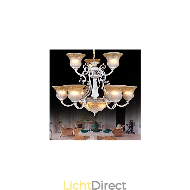 Witte kroonluchter met twaalf lampen, patroon, glazen kap, handverguld, Europees retro klassiek
