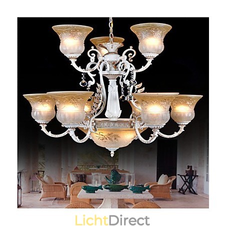Witte kroonluchter met twaalf lampen, patroon, glazen kap, handverguld, Europees retro klassiek Witte kroonluchter met twaalf lampen, patroon, glazen kap, handverguld, Europees retro klassiek