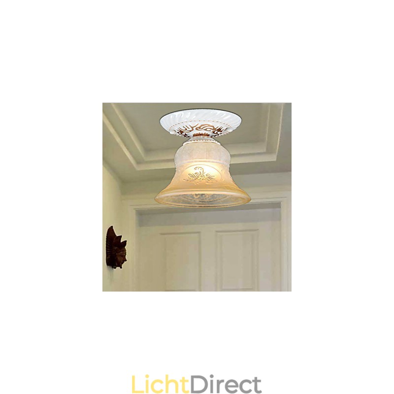 Witte plafondlamp met patroon en glazen kap, handverguld, Europees retro klassiek