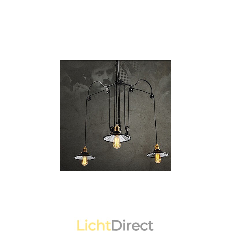 Vintage Pully hanglamp 3 eiland foyer metaal + Galss binnenkap